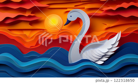 Paper cut design of swan, goose, colorful vibrant card for children, copy space banner 122318650