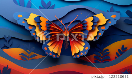 Paper cut design of butterfly, colorful vibrant card for children, copy space banner 122318651
