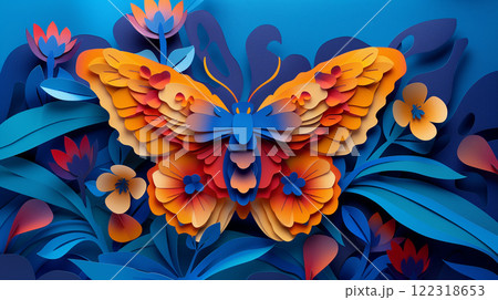 Paper cut design of butterfly, colorful vibrant card for children, copy space banner 122318653