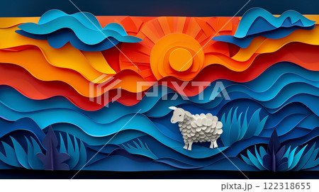 Paper cut design of lamb, sheep, ram, colorful vibrant card for children, copy space banner 122318655