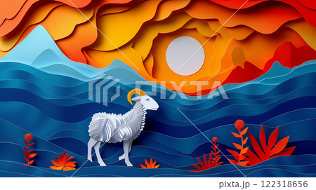 Paper cut design of lamb, sheep, ram, colorful vibrant card for children, copy space banner 122318656