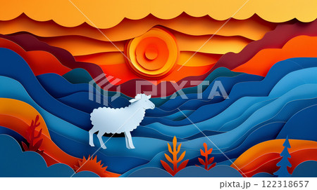 Paper cut design of lamb, sheep, ram, colorful vibrant card for children, copy space banner 122318657