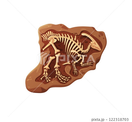 Dino fossil skeleton bones. Isolated cartoon vector dinosaur skeletal structure imprinted into ancient rock. Prehistoric and archaeological museum artefact, evoking a sense of history and discovery 122318703