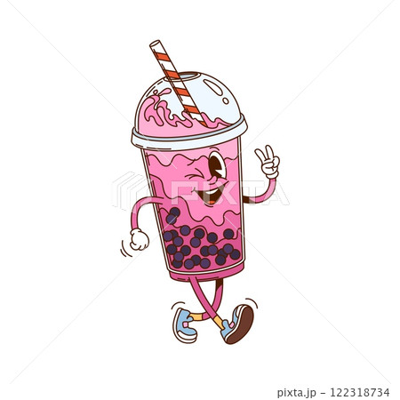 Hippie groovy bubble tea drink character. Fast food menu juicy dessert beverage groovy vector mascot. Cafe pink smoothie or sweet drink in plastic cup with straw happy smiling and walking character 122318734