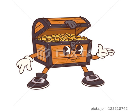 Cartoon pirate gold treasure chest character. Caribbean pirate gold treasure happy mascot, corsairs or filibuster bandits opened wooden chest full of golden coins isolated vector funny personage Cartoon pirate gold treasure chest character. Caribbean pirate gold treasure happy mascot, corsairs or filibuster bandits opened wooden chest full of golden coins isolated vector funny personage 122318742