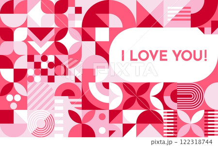 Geometric shapes at Valentine Day greeting card. Vector modern graphic pattern of abstract pink flowers, circles, squares and triangles geometric shapes mosaic. I love you Valentine Day greeting card Geometric shapes at Valentine Day greeting card. Vector modern graphic pattern of abstract pink flowers, circles, squares and triangles geometric shapes mosaic. I love you Valentine Day greeting card 122318744