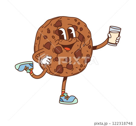 Groovy chocolate cookie dessert character. Breakfast dessert chocolate cookie cartoon isolated vector cheerful personage, cafe sweet pastry meal happy smiling groovy character with glass of milk Groovy chocolate cookie dessert character. Breakfast dessert chocolate cookie cartoon isolated vector cheerful personage, cafe sweet pastry meal happy smiling groovy character with glass of milk 122318748