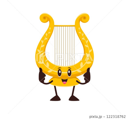Cartoon funny lira musical instrument character. Isolated vector stringed lyra personage. Vintage plucked instrument for playing classic or folk music. Smiling and positive traditional greek harp Cartoon funny lira musical instrument character. Isolated vector stringed lyra personage. Vintage plucked instrument for playing classic or folk music. Smiling and positive traditional greek harp 122318762