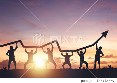 Team silhouette and up graph arrow on sunset background, leadership and teamwork concept 122318775