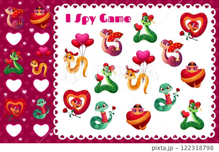 Valentines day snakes, I spy game worksheet. Vector kids riddle with cute and charming reptile characters adorned with hearts, roses and balloons. Winter holiday educational learning activity puzzle 122318798