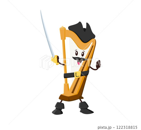 Cartoon harp musical instrument pirate and corsair character. Isolated vector amusing personage dressed sea captain, complete with a cocked hat, mustache and sword, ready for fun music performance 122318815