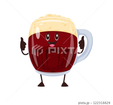 Cartoon kvass or dark beer drink cute character. Pub beer tankard comical vector personage, craft brewery ale glass cup or Oktoberfest alcohol drink mug happy character. Bar beer tankard cute mascot 122318829