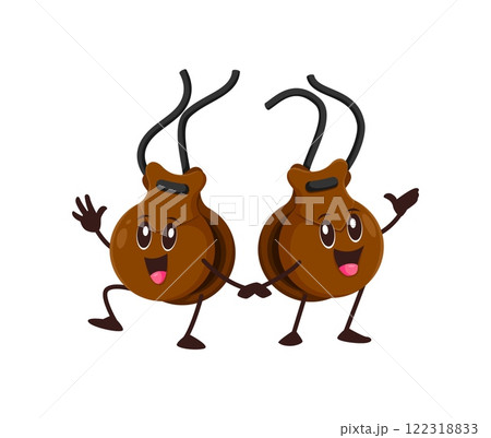 Cartoon funny castanets musical instrument characters with expressive faces evoking a lively and humorous musical vibe. Isolated vector percussion instrument personages happily dancing flamenco 122318833