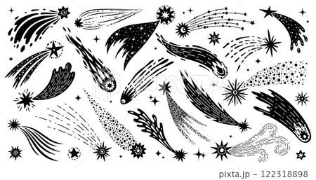 Doodle shooting space stars with trails, galaxy comets and meteors, vector icons. Shooting stars or cartoon doodle line fireworks sparklers and firecracker sparks of falling twinkling stars in space Doodle shooting space stars with trails, galaxy comets and meteors, vector icons. Shooting stars or cartoon doodle line fireworks sparklers and firecracker sparks of falling twinkling stars in space 122318898