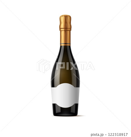 Realistic champagne alcohol glass bottle featuring blank label for branding presentations, marketing campaigns and product showcase. Isolated 3d vector flask mockup highlighting luxury and celebration Realistic champagne alcohol glass bottle featuring blank label for branding presentations, marketing campaigns and product showcase. Isolated 3d vector flask mockup highlighting luxury and celebration 122318917