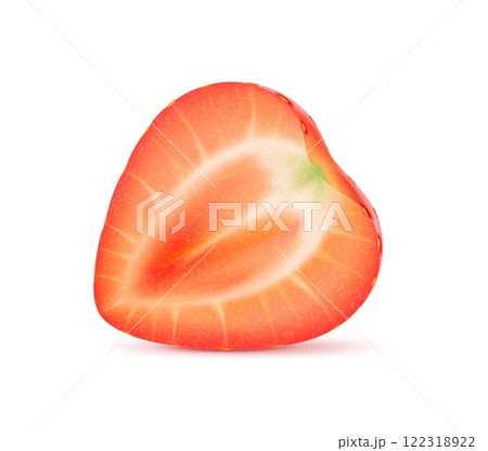 3d realistic raw ripe strawberry fruit half, cross section close up view. Isolated vector fresh berry with vibrant red flesh, seeds, juicy and sweet texture. Healthy natural strawberry summer dessert 122318922