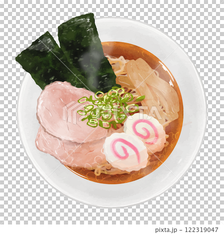 Aerial view of realistic soy sauce ramen with naruto 122319047