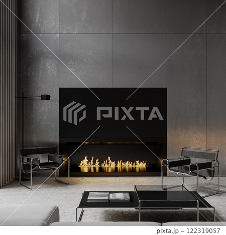 Minimalism gray interior with fireplace, metal wall panel, armchairs and decor. 3d render illustration mockup. 122319057
