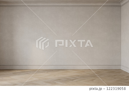 Empty beige classic interior with blank wall and chevron wood floor. 3d render illustration mockup. 122319058