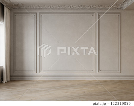 Empty beige classic interior with blank wall, moldings, stucco and chevron wood floor. 3d render illustration mockup. Empty beige classic interior with blank wall, moldings, stucco and chevron wood floor. 3d render illustration mockup. 122319059