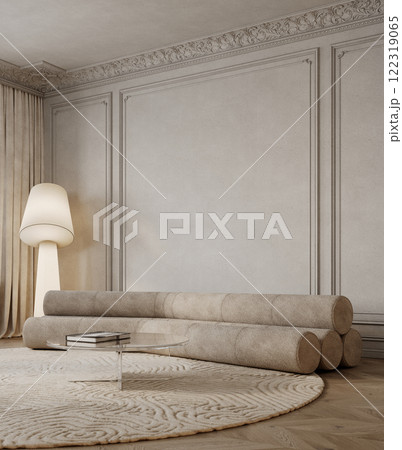 Minimalism classic beige interior with tube sofa, floor lamp, moldings and decor. 3d render illustration mockup. Minimalism classic beige interior with tube sofa, floor lamp, moldings and decor. 3d render illustration mockup. 122319065