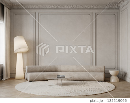 Minimalism classic beige interior with tube sofa, floor lamp, moldings and coffee tables and decor. 3d render illustration mockup. Minimalism classic beige interior with tube sofa, floor lamp, moldings and coffee tables and decor. 3d render illustration mockup. 122319066