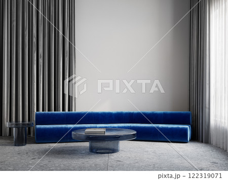 Gray minimalist interior with tube blue velour sofa, blue glass coffee tables, curtains and terrazzo floor. 3d render illustration mockup. Gray minimalist interior with tube blue velour sofa, blue glass coffee tables, curtains and terrazzo floor. 3d render illustration mockup. 122319071