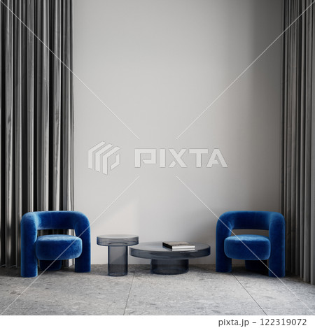 Gray minimalist interior with blue velour armchairs, glass coffee tables, terrazzo floor and decor. 3d render illustration mockup. Gray minimalist interior with blue velour armchairs, glass coffee tables, terrazzo floor and decor. 3d render illustration mockup. 122319072