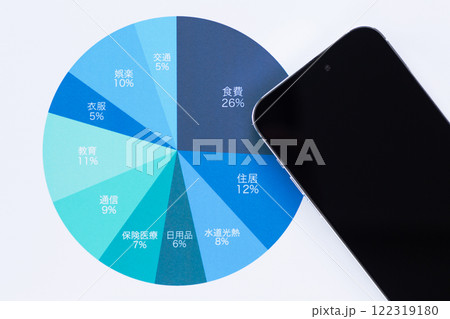 一ヶ月の生活費の内訳グラフとスマートフォン 122319180
