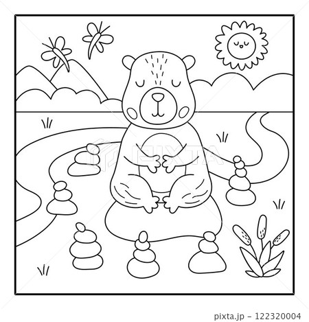 Vector black and white capybara landscape illustration. Line square scenery with capibara meditating in rock garden. Funny scene coloring page with animal. Happy land background for kids Vector black and white capybara landscape illustration. Line square scenery with capibara meditating in rock garden. Funny scene coloring page with animal. Happy land background for kids 122320004