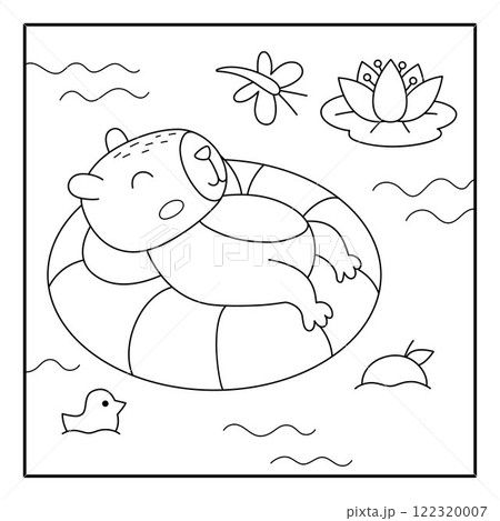Vector black and white capybara landscape illustration. Cute square scenery with capibara swimming and lying and swimming on floatie. Funny line scene, coloring page with animal in pond Vector black and white capybara landscape illustration. Cute square scenery with capibara swimming and lying and swimming on floatie. Funny line scene, coloring page with animal in pond 122320007