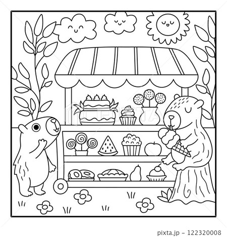 Vector black and white capybara landscape illustration. Cute line square scenery with capibaras sitting in rolling snack cart. Funny scene, coloring page with animal in candy shop drinking, eating Vector black and white capybara landscape illustration. Cute line square scenery with capibaras sitting in rolling snack cart. Funny scene, coloring page with animal in candy shop drinking, eating 122320008