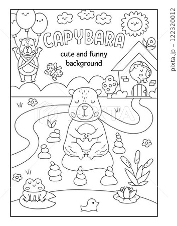 Vector black and white vertical scene with capybaras. Landscape illustration with capibaras. Cute background or book cover for kids with animals. Funny line scene, coloring page for kids Vector black and white vertical scene with capybaras. Landscape illustration with capibaras. Cute background or book cover for kids with animals. Funny line scene, coloring page for kids 122320012