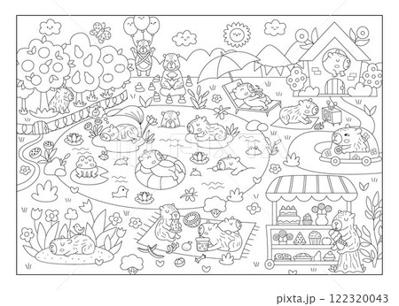 Vector black and white capybara landscape illustration. Cute scenery with capibaras, pond, car, house. Funny detailed line scene with animals swimming, relaxing. Happy land coloring page for kids 122320043