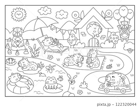 Vector black and white capybara landscape illustration. Cute line scenery with capibaras, pond, garden, house. Funny detailed scene with animals swimming, relaxing. Happy land coloring page for kids 122320044