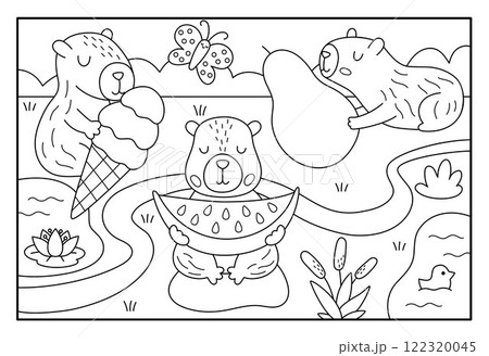 Vector black and white capybara landscape illustration. Cute line scenery with capibaras holding fruits and ice-cream. Funny scene coloring page. Happy land picture for kids with pear, watermelon 122320045