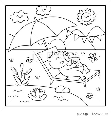 Vector black and white capybara landscape illustration. Cute square line scenery with capibara lying on sun lounger under beach umbrella drinking bubble tea. Funny scene, coloring page with animal 122320046