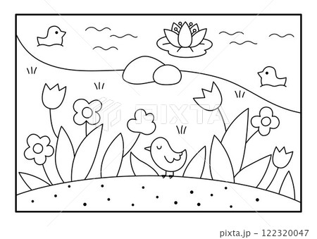 Vector black and white landscape illustration with flower meadow and river or lake with water lily. Cute line horizontal nature scenery. Funny scene, coloring page with greenery, grass, floral Vector black and white landscape illustration with flower meadow and river or lake with water lily. Cute line horizontal nature scenery. Funny scene, coloring page with greenery, grass, floral 122320047