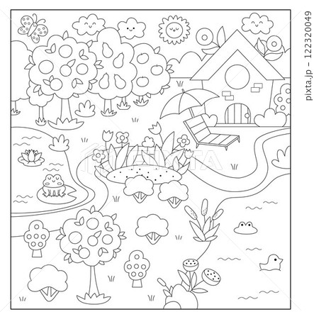 Vector black and white landscape illustration with house, meadow, garden or orchard, pond. Cute line vertical nature scenery with adorable cottage. Funny scene, coloring page with home, clearing 122320049