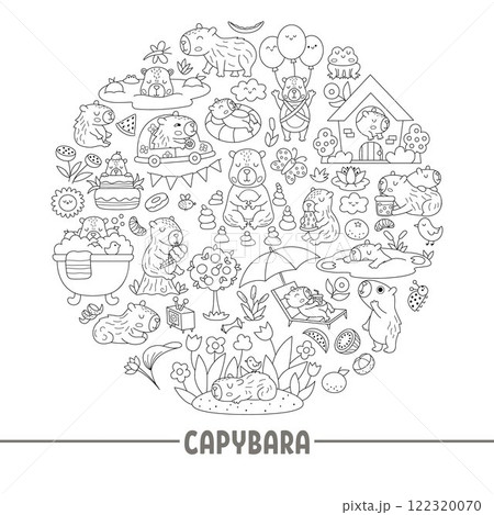 Vector black and white capybara round frame with relaxed animals, frog, tangerines, fruit, flowers. Capibara card template design for banners, invitations. Cute line illustration, coloring page 122320070