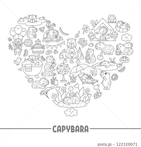 Vector black and white capybara heart shaped frame with relaxed animals, frog, tangerines, fruit. Capibara card template design for banners, invitations. Cute line illustration, coloring page 122320071