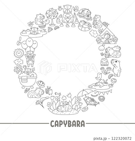 Vector black and white capybara round wreath frame with relaxed animals, frog, tangerines, fruit. Capibara card template design for banners, invitations. Cute line illustration, coloring page Vector black and white capybara round wreath frame with relaxed animals, frog, tangerines, fruit. Capibara card template design for banners, invitations. Cute line illustration, coloring page 122320072