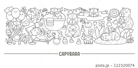 Vector black and white horizontal capybara border set with cute animals. Capibara line card template design, coloring page with relaxed guinea pigs meditating, sleeping, relaxing, having fun 122320074