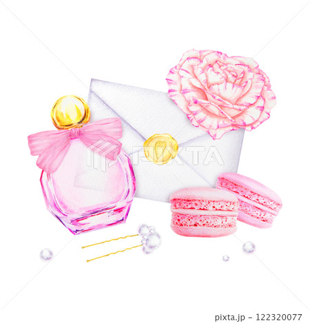 Watercolor composition with pink perfume bottle with ribbon bow, blooming rose, macarons, heart-shaped wax sealed envelope, pearls and hairpin. Perfect for wedding, romantic or feminine prints. 122320077