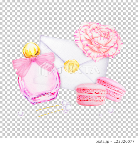 Watercolor composition with pink perfume bottle with ribbon bow, blooming rose, macarons, heart-shaped wax sealed envelope, pearls and hairpin. Perfect for wedding, romantic or feminine prints. Watercolor composition with pink perfume bottle with ribbon bow, blooming rose, macarons, heart-shaped wax sealed envelope, pearls and hairpin. Perfect for wedding, romantic or feminine prints. 122320077