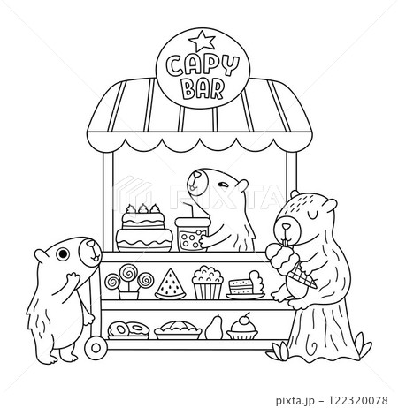 Vector black and white capybaras sitting in rolling snack cart with wheels. Candy shop with capibaras icon. Cartoon line sweets stand illustration. Pastry or bakery trolley clipart, coloring page 122320078