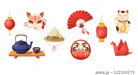 Japan set with traditional elements bonsai tree, koinobori flag, fun, maneki neko cat, origami crane and teapot with tea cups isolated on white background. 122320173