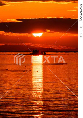 夕焼けを背景に風流島（たわれじま）光の道を渡る海鳥「枕草子や伊勢物語など平安時代の書物に登場」宇土市 122320239