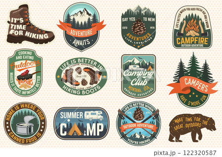 Set of Summer camp and hiking patches, badges. Vector. Concept for shirt or logo, print, stamp, patch or tee. Design with mountain, forest, hiking boots, rv trailer, camping tent, campfire. 122320587