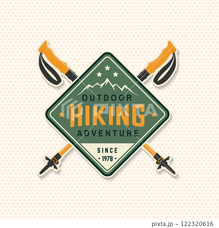 Hiking outdoor adventures patch. Vector illustration. Extreme adventure. Hiking related typographic quote. Concept for shirt or logo, print, stamp. Mountain with rustic arrow Hiking outdoor adventures patch. Vector illustration. Extreme adventure. Hiking related typographic quote. Concept for shirt or logo, print, stamp. Mountain with rustic arrow 122320616